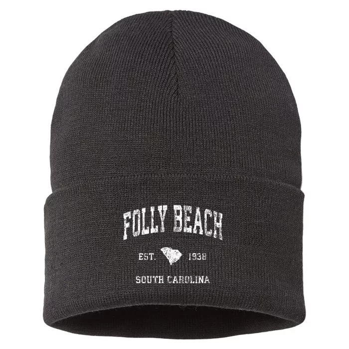 Folly Beach South Carolina Sc Vintage Athletic Sports Design Sustainable Knit Beanie