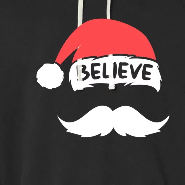 Funny Believe Santa Hat White Mustache Kids Family Christmas Garment-Dyed Fleece Hoodie