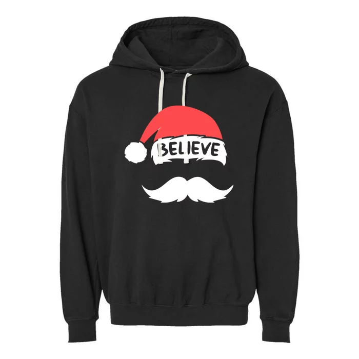 Funny Believe Santa Hat White Mustache Kids Family Christmas Garment-Dyed Fleece Hoodie