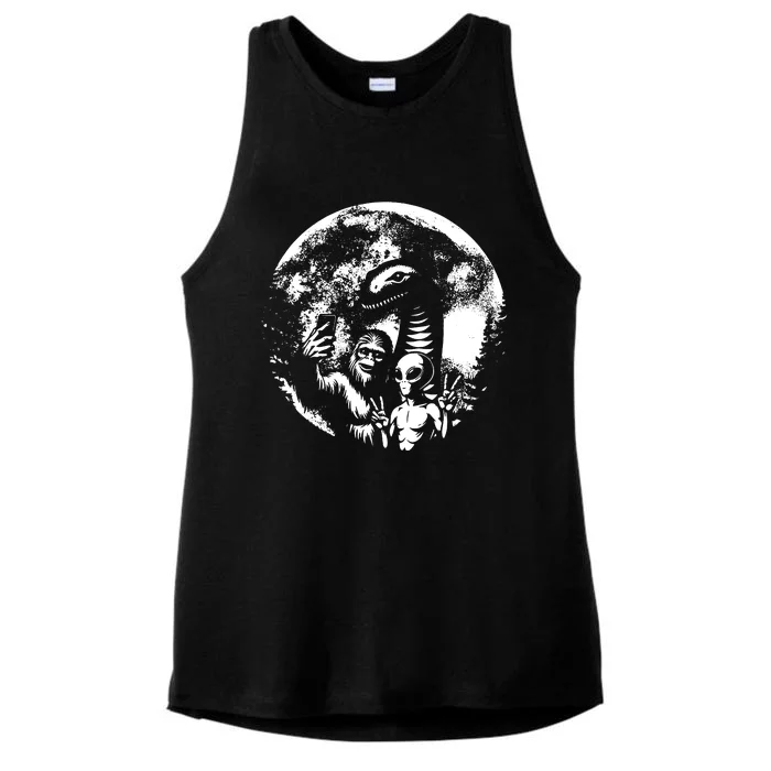 Funny Bigfoot Sasquatch Alien Loch Ness Full Moon Selfie Ladies Tri-Blend Wicking Tank