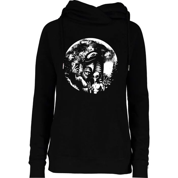 Funny Bigfoot Sasquatch Alien Loch Ness Full Moon Selfie Womens Funnel Neck Pullover Hood