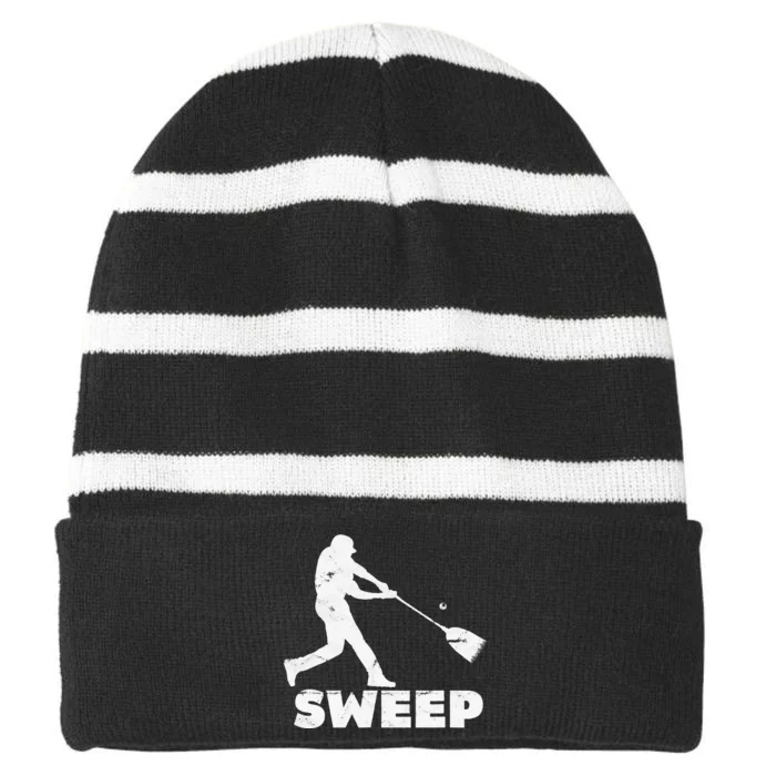 Funny Baseball Series Sweep Batter Swinging Broom Striped Beanie with Solid Band