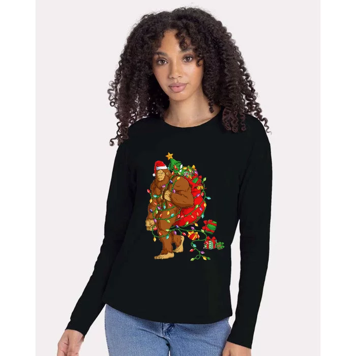 Festive Bigfoot Sasquatch Holiday Pajamas Womens Cotton Relaxed Long Sleeve T-Shirt