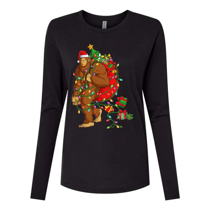 Festive Bigfoot Sasquatch Holiday Pajamas Womens Cotton Relaxed Long Sleeve T-Shirt