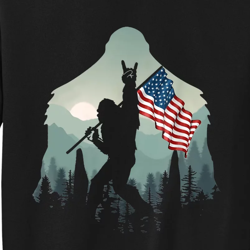 Funny Bigfoot Sasquatch Rock And Roll American Flags Tee Tall Sweatshirt