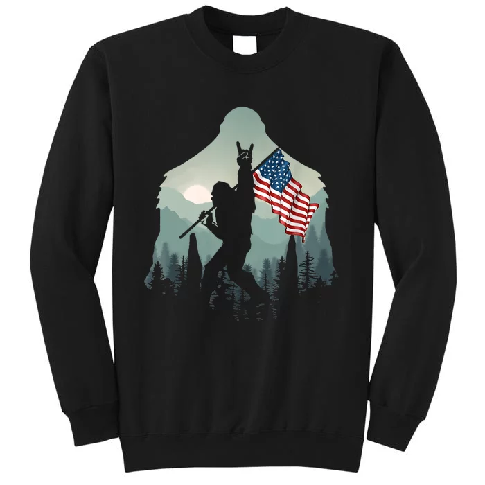 Funny Bigfoot Sasquatch Rock And Roll American Flags Tee Tall Sweatshirt