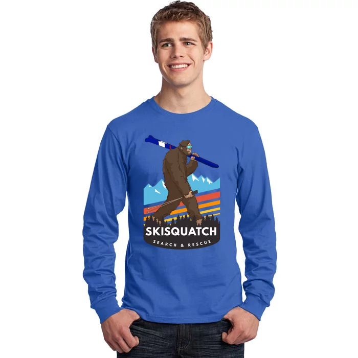 Funny Bigfoot Skiing Skisquatch Search And Rescue Gift Funny Gift Tall Long Sleeve T-Shirt