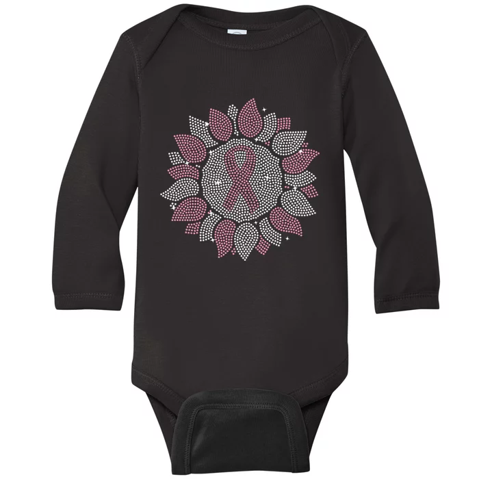 Funny Bling Sunflower Ribbon Breast Cancer Awareness Baby Long Sleeve Bodysuit