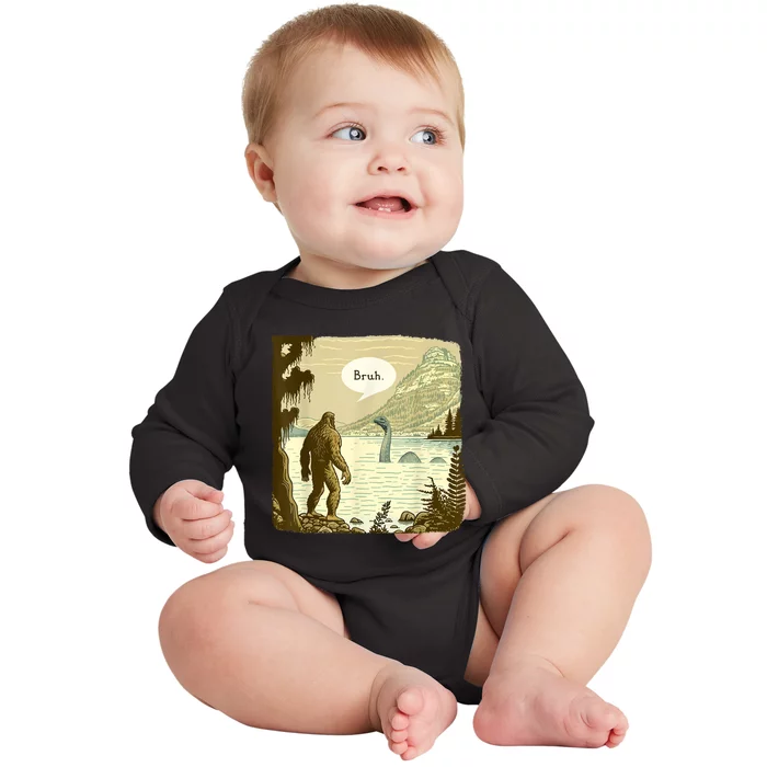 Funny Bigfoot Sasquatch Loch Ness Monster Introvert Bruh Baby Long Sleeve Bodysuit