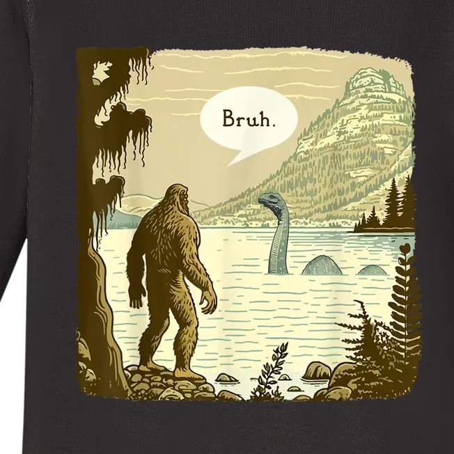 Funny Bigfoot Sasquatch Loch Ness Monster Introvert Bruh Baby Long Sleeve Bodysuit