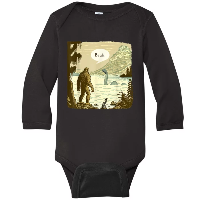 Funny Bigfoot Sasquatch Loch Ness Monster Introvert Bruh Baby Long Sleeve Bodysuit