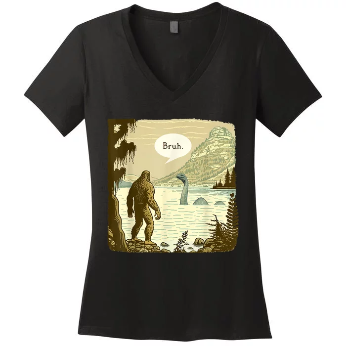 Funny Bigfoot Sasquatch Loch Ness Monster Introvert Bruh Women's V-Neck T-Shirt