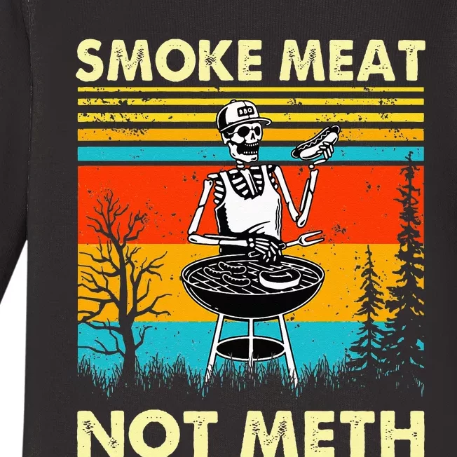 Funny BBQ Skeleton With A Hot Dog Smoke Meat Not Meth Master Baby Long Sleeve Bodysuit