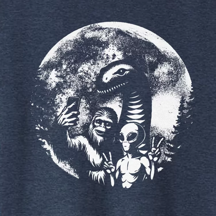 Funny Bigfoot Sasquatch Alien Loch Ness Full Moon Selfie Women's Crop Top Tee