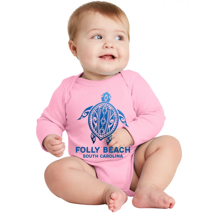 Folly Beach South Carolina Tattoo Blue Sea Turtle Souvenirs Baby Long Sleeve Bodysuit