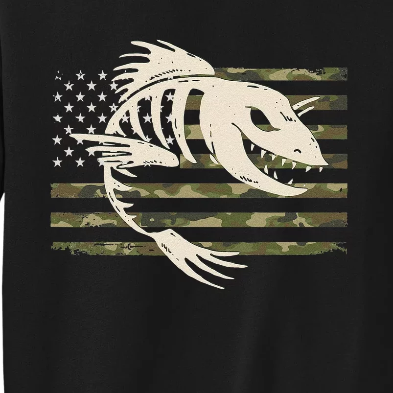 Fish Bones Skeleton Camo US American Flag Camouflage Fishing Tall Sweatshirt