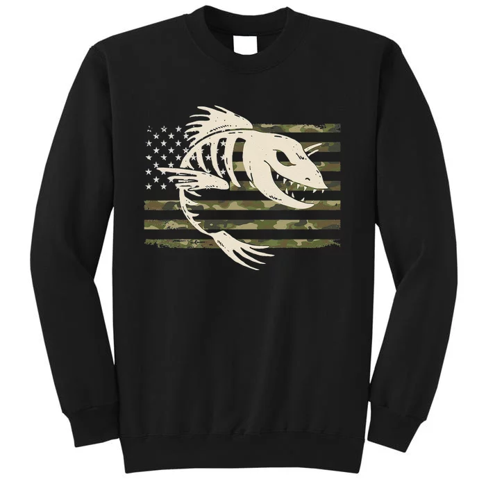 Fish Bones Skeleton Camo US American Flag Camouflage Fishing Tall Sweatshirt