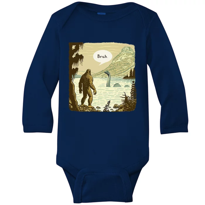 Funny Bigfoot Sasquatch Loch Ness Monster Introvert Bruh Baby Long Sleeve Bodysuit