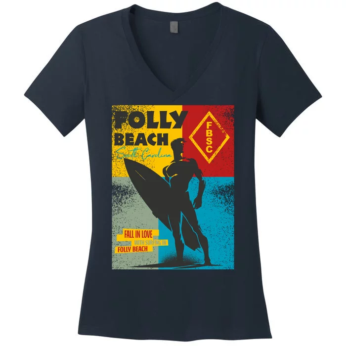 Folly Beach St Carolina Surfer Silhouette Women's V-Neck T-Shirt