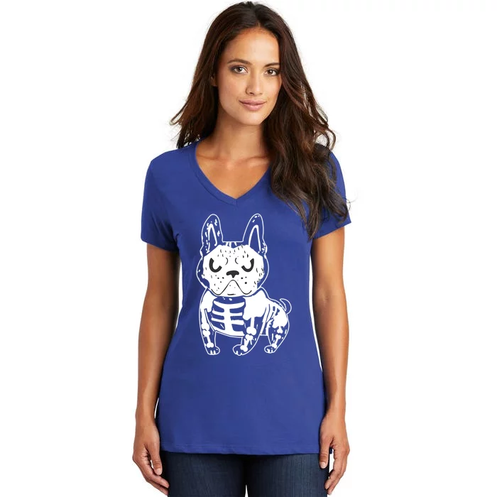 French Bulldog Skeleton Ghost Halloween Costume Gift Women's V-Neck T-Shirt