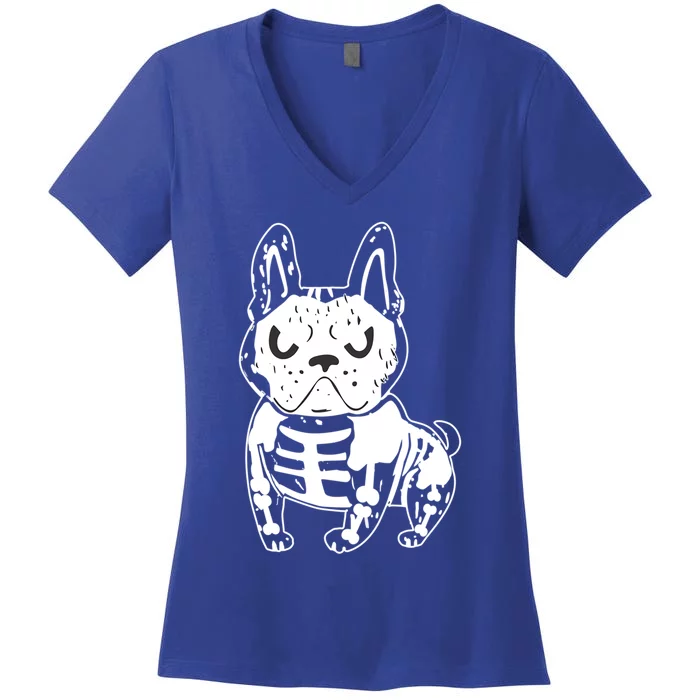 French Bulldog Skeleton Ghost Halloween Costume Gift Women's V-Neck T-Shirt