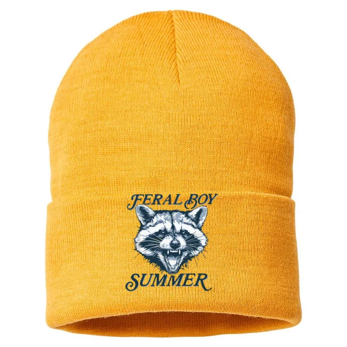 Feral Boy Summer Funny Raccoon Meme Trash Panda Raccoon Sustainable Knit Beanie