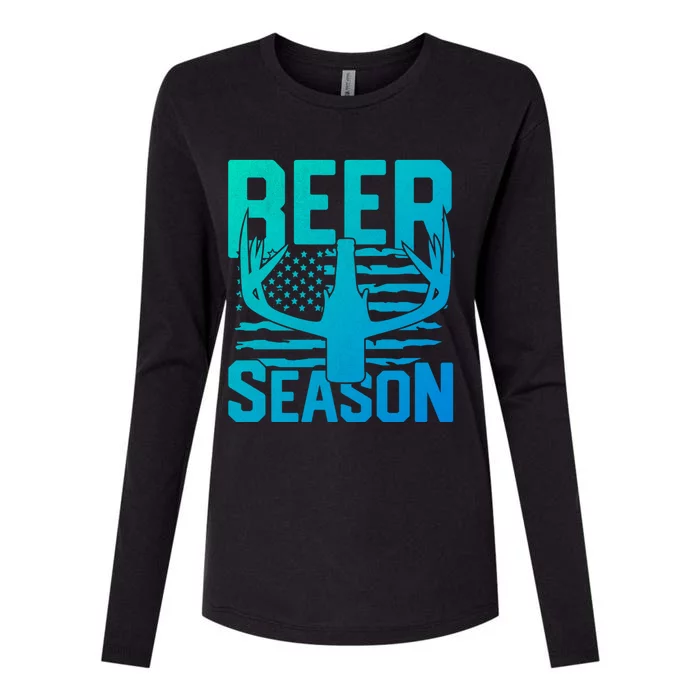 Funny Beer Season Deer Antlers American Flag Hunting Gift Womens Cotton Relaxed Long Sleeve T-Shirt