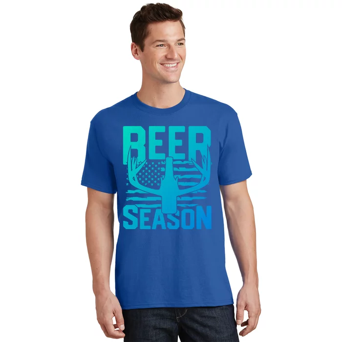 Funny Beer Season Deer Antlers American Flag Hunting Gift T-Shirt