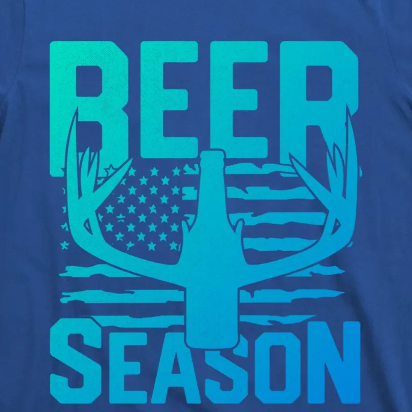 Funny Beer Season Deer Antlers American Flag Hunting Gift T-Shirt