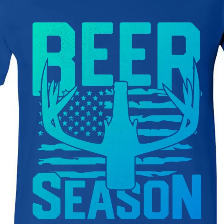 Funny Beer Season Deer Antlers American Flag Hunting Gift V-Neck T-Shirt