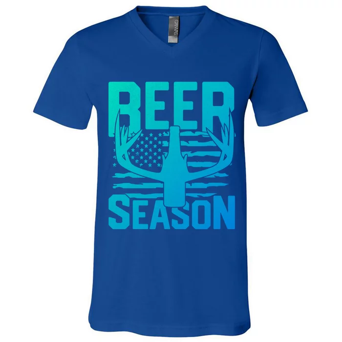 Funny Beer Season Deer Antlers American Flag Hunting Gift V-Neck T-Shirt