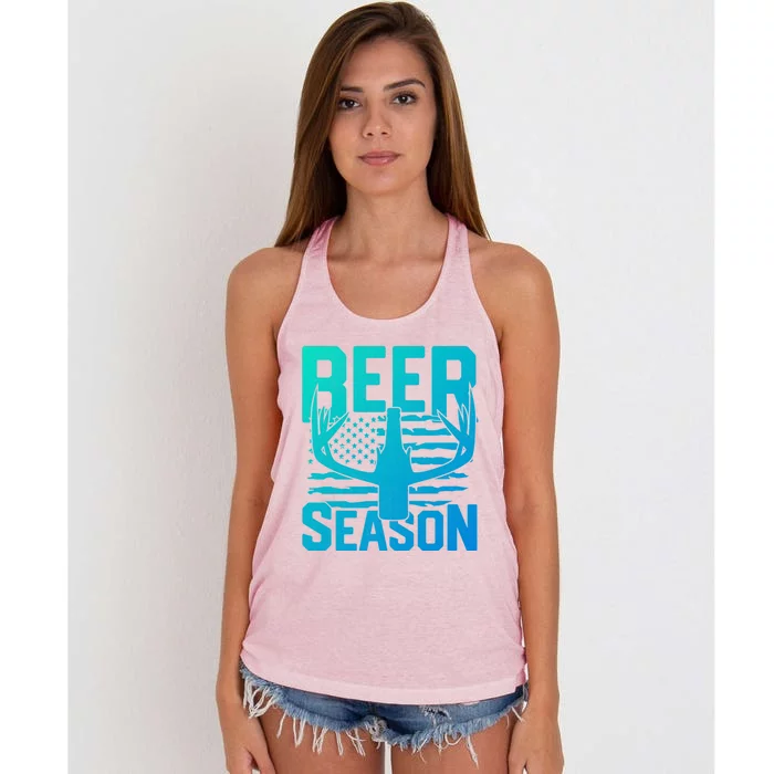 Funny Beer Season Deer Antlers American Flag Hunting Gift Women's Knotted Racerback Tank