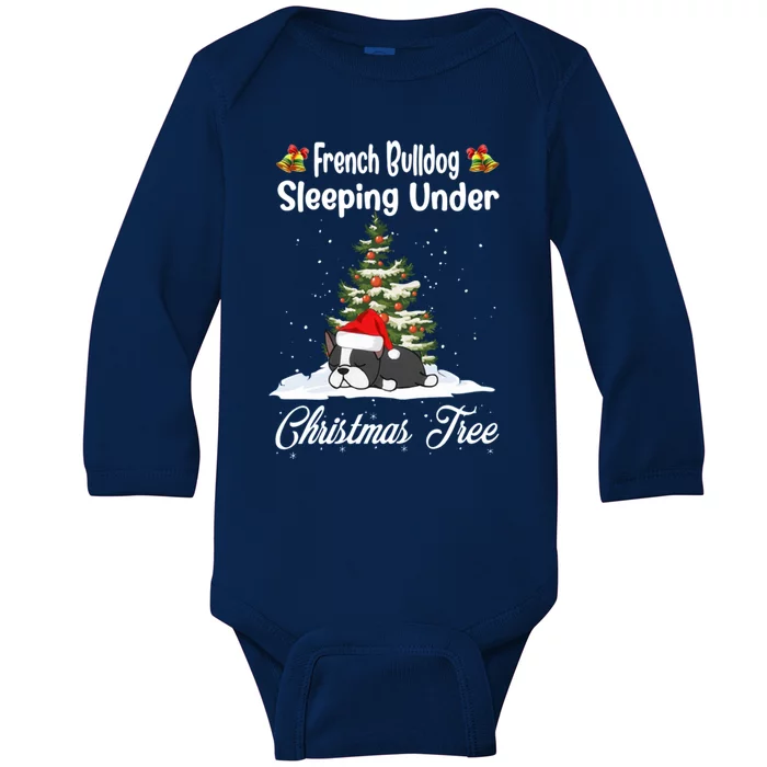 French Bulldog Sleeping Under Christmas Tree Funny Xmas Baby Long Sleeve Bodysuit