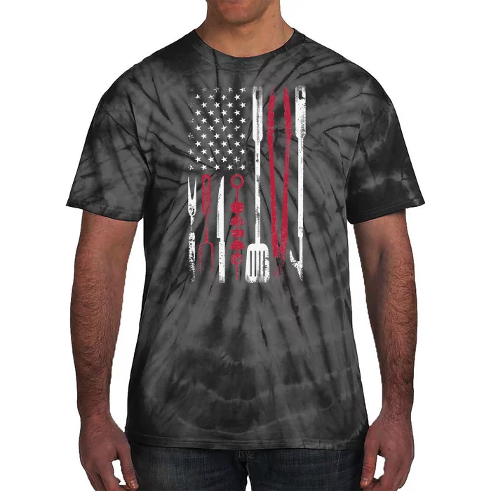 Funny Barbecue Smoke US Flag July 4th of BBQ Tools Grilling Tie-Dye T-Shirt