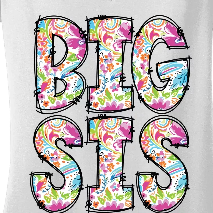 Floral Big Sister Gift Pregnancy Announcement Women's V-Neck T-Shirt