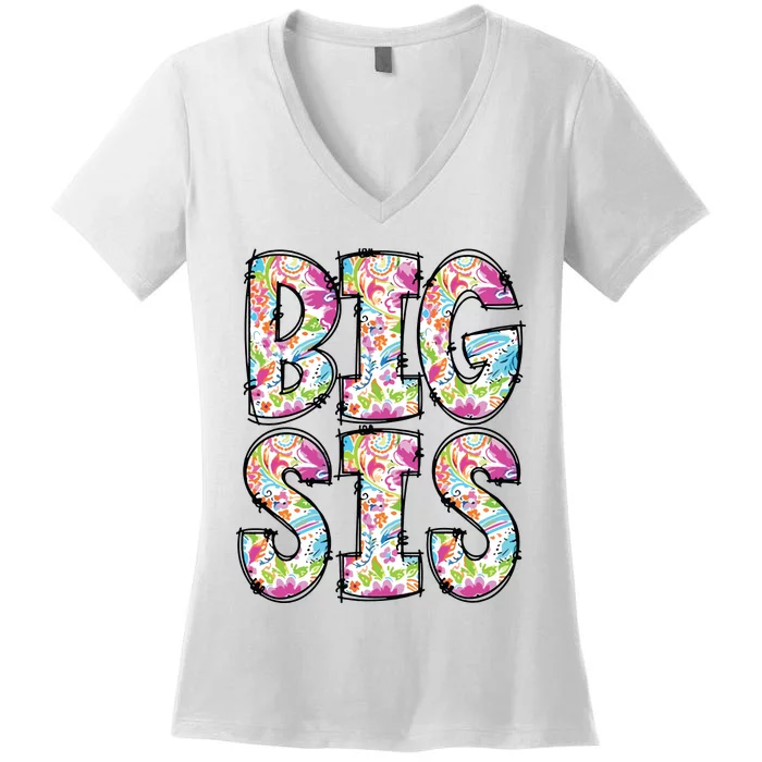 Floral Big Sister Gift Pregnancy Announcement Women's V-Neck T-Shirt