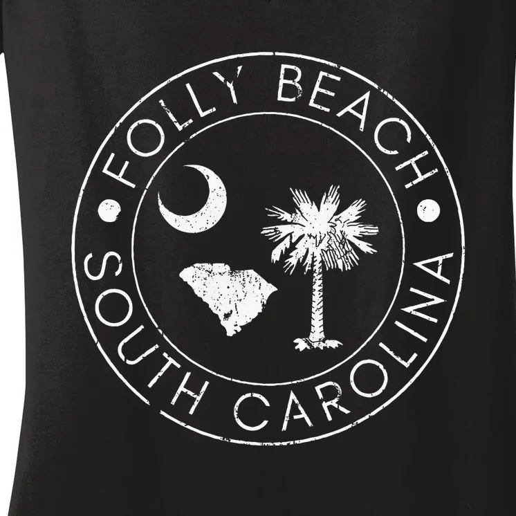 Folly Beach South Carolina Palmetto Map Flag Women's V-Neck T-Shirt