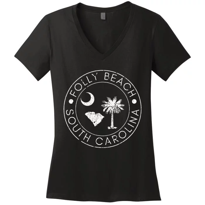 Folly Beach South Carolina Palmetto Map Flag Women's V-Neck T-Shirt