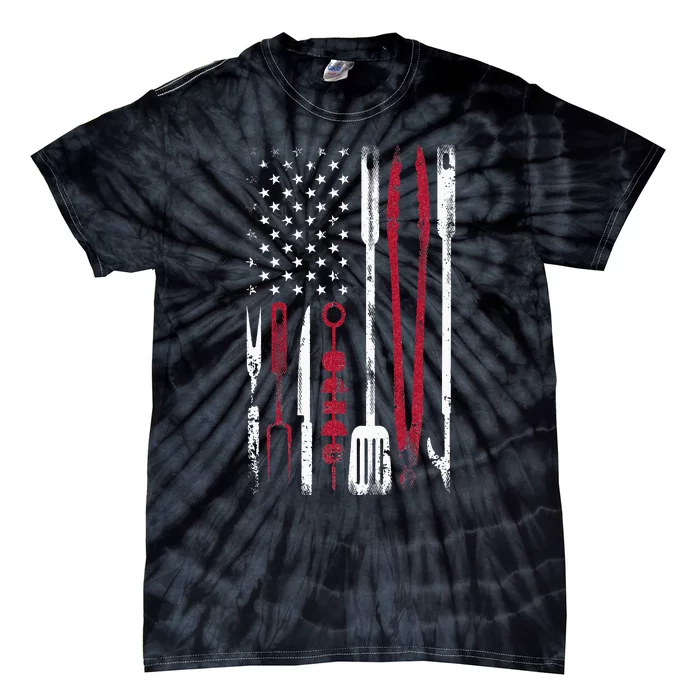 Funny Barbecue Smoke US Flag July 4th Of BBQ Tools Grilling Tie-Dye T-Shirt