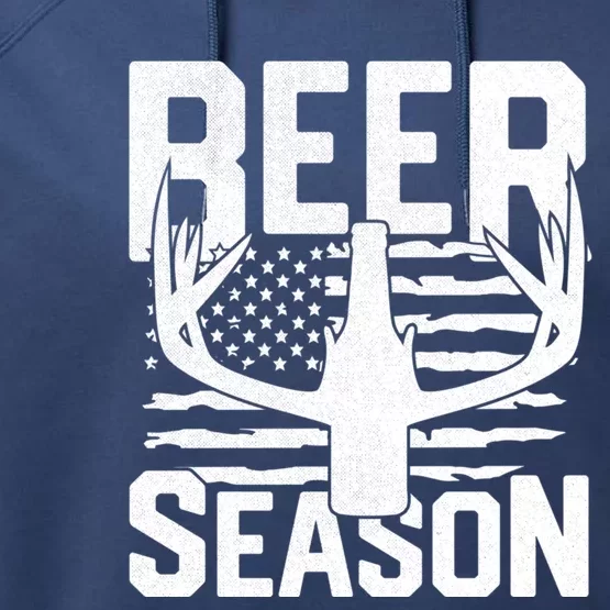 Funny Beer Season Deer Antlers American Flag Hunting Gift Performance Fleece Hoodie