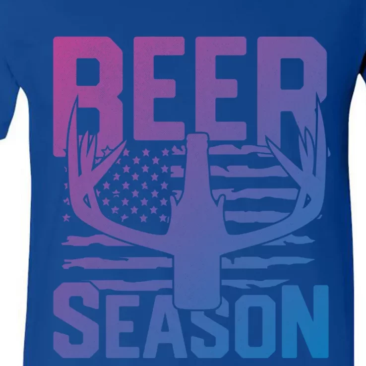 Funny Beer Season Deer Antlers American Flag Hunting Gift V-Neck T-Shirt