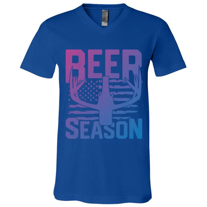 Funny Beer Season Deer Antlers American Flag Hunting Gift V-Neck T-Shirt