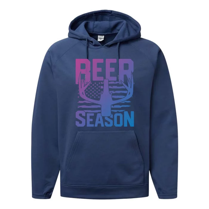 Funny Beer Season Deer Antlers American Flag Hunting Gift Performance Fleece Hoodie