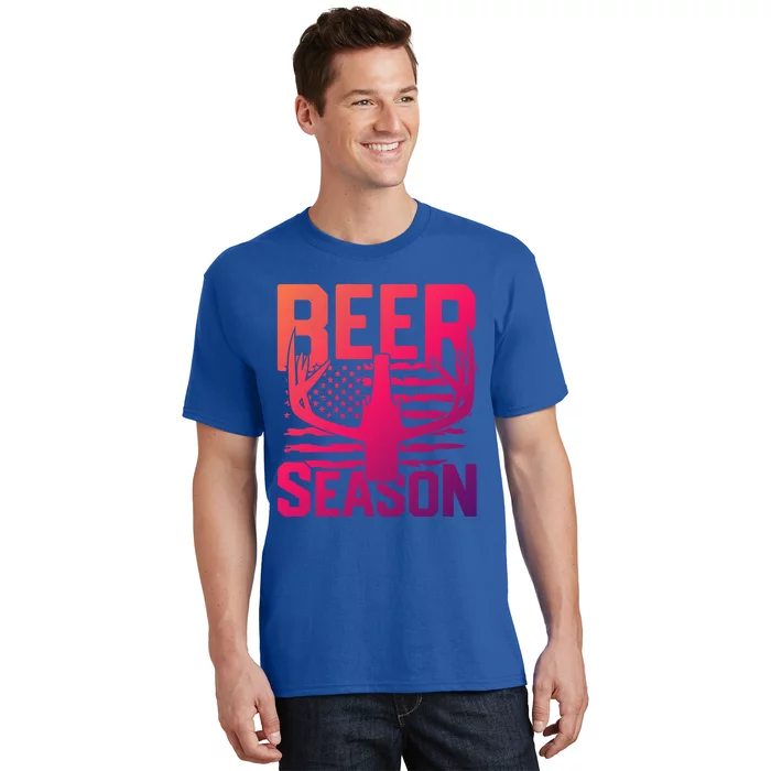 Funny Beer Season Deer Antlers American Flag Hunting Gift T-Shirt