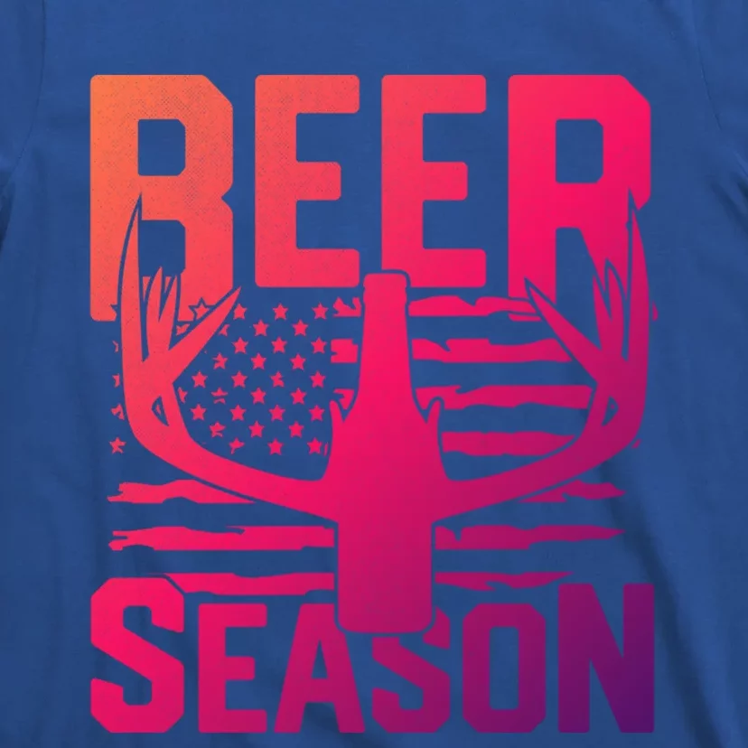 Funny Beer Season Deer Antlers American Flag Hunting Gift T-Shirt