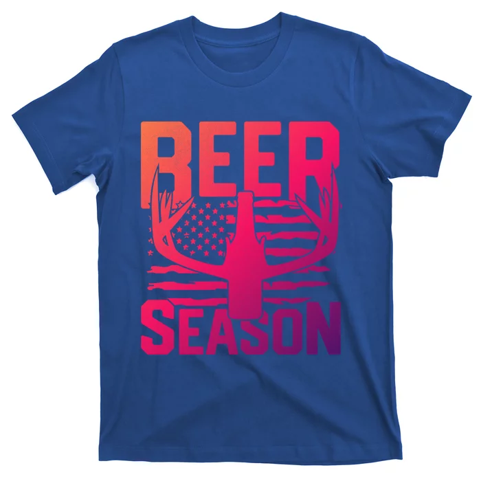 Funny Beer Season Deer Antlers American Flag Hunting Gift T-Shirt