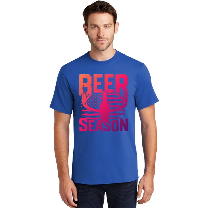 Funny Beer Season Deer Antlers American Flag Hunting Gift Tall T-Shirt