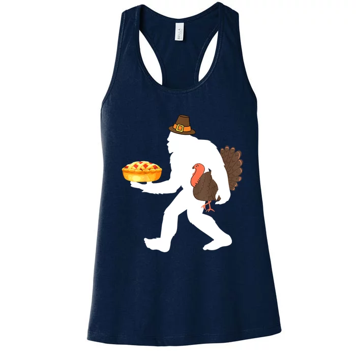 Funny Bigfoot Sasquatch Pilgrim Pie Turkey Thanksgiving Women's Racerback Tank