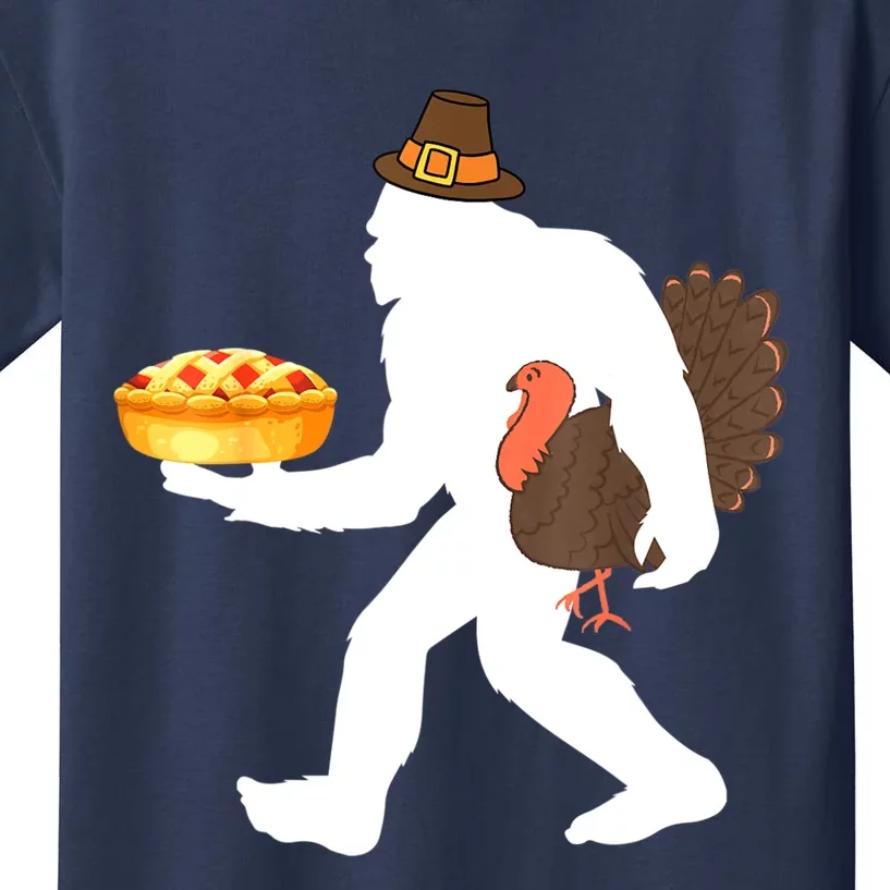 Funny Bigfoot Sasquatch Pilgrim Pie Turkey Thanksgiving Kids T-Shirt