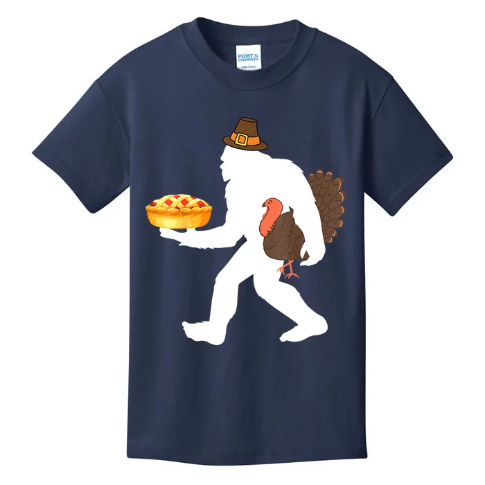 Funny Bigfoot Sasquatch Pilgrim Pie Turkey Thanksgiving Kids T-Shirt